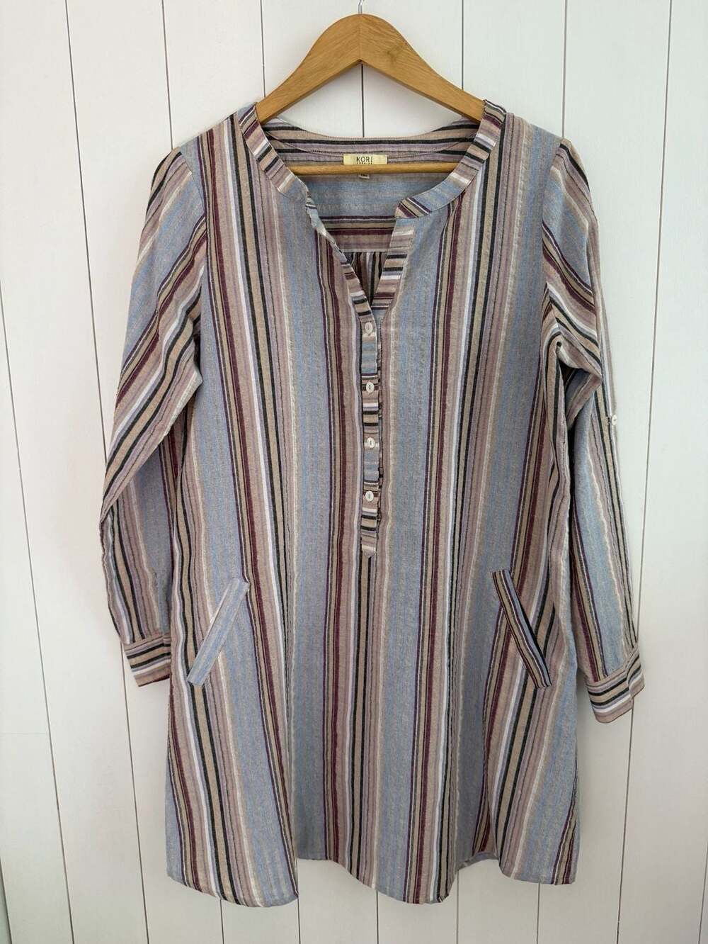 Kori America Striped Tunic Size S V-Neck Button Pocket Top
